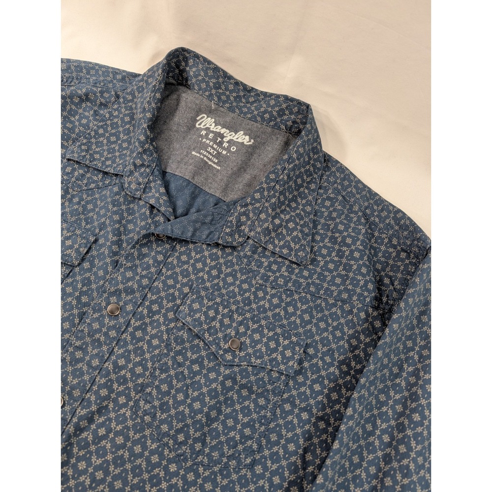 Wrangler Retro Premium Mens‎ 3XT Blue Western Pearl Snap Shirt Geometric Pattern